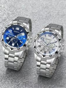 Set de 2 Relojes de Cuarzo para Hombre con Correa de Acero Inoxidable Plateado, Estilo Elegante de Negocios, Adecuados para Decoración de Fiesta, Viaje de Ocio