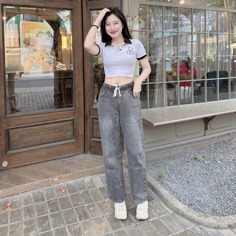 lưng thun-112A bigsize Quần Jeans Nữ Ống Suông big size không Rách Cotton nhà RU BY Women Pants Ong unisex quần jean Kem bò