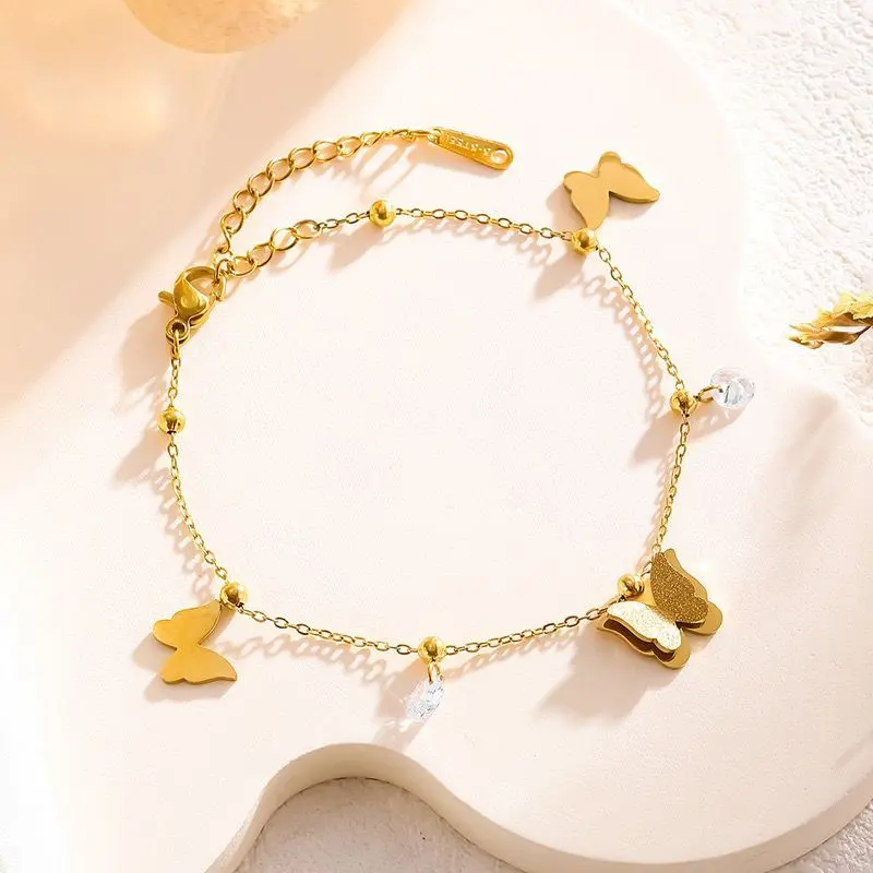 GK21 - Gelang Kaki Diana Bentuk Tiga Butterfly Gold Titanium Steel Model Korea Anti Karat 4