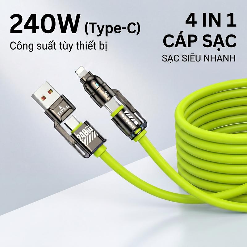 240W, cáp sạc dữ liệu siêu nhanh 4 trong 1, dài 1,2 mét, USB/Type-C sang Type-C/Lightning tương thích với iPhone, Samsung, XiaoMi hỗ trợ MacBook, sạc laptop, kết nối có dây để sạc điện thoại Carplay, cáp sạc silicon cho xe hơi