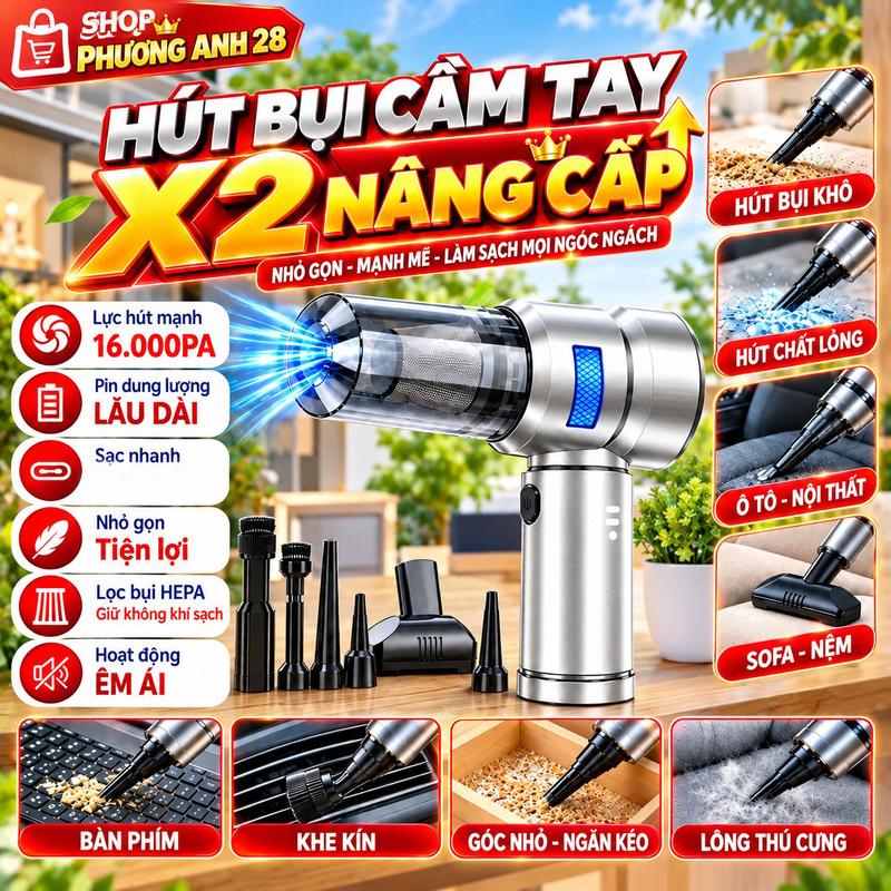 Máy hút bụi cầm tay cao cấp có dầu thổi bụi 2in1, lực hút 16000PA, hút bụi oto, hút lông thú nuôi, hút giường nệm, thổi phao, thổi bể bơi