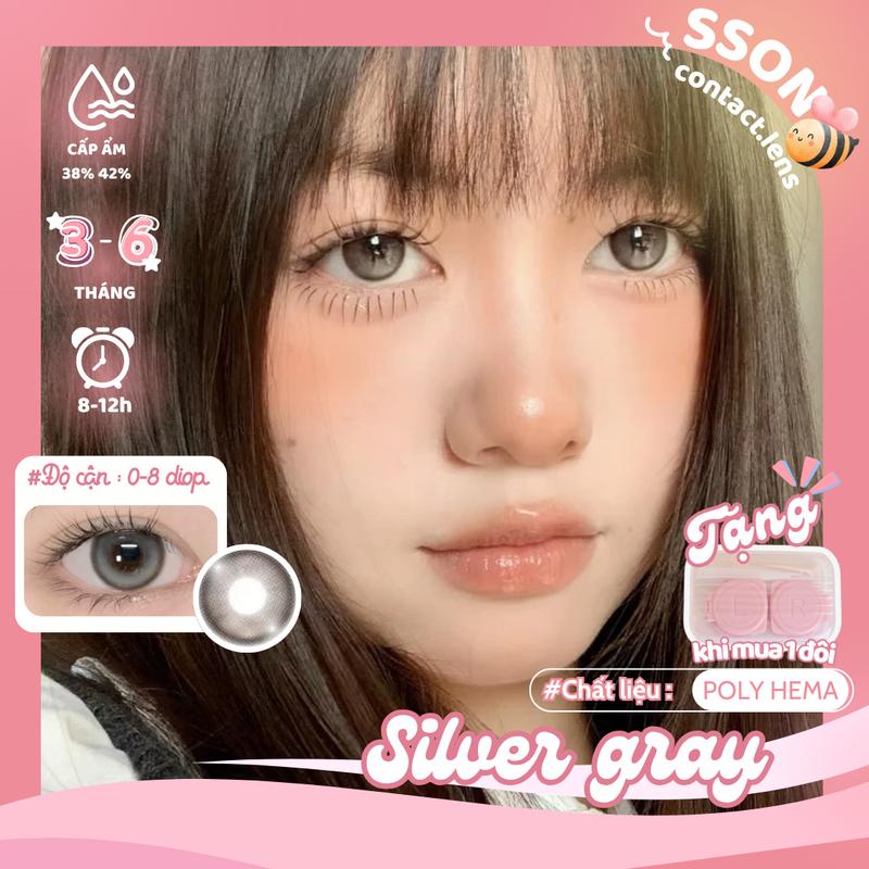  SSON Lens Mắt Kính Áp Tròng Cận 0~8 Silver Gray Xám Hiệu Ứng Filter 14.5 mm Lens Giãn Tròng To Có Viền 6 Tháng Seed Moody Kèm Khay 