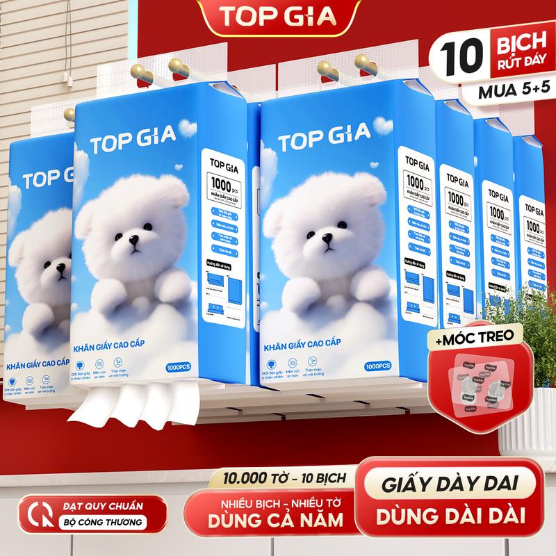 (COMBO 10 BỊCH - SIÊU MỀM MỊN) Thùng 10 Bịch Khăn Giấy Rút Đáy GIA GIA TOPGIA, 4 Lớp, 1000 Tờ/Bịch, Làm Từ Bột Gỗ Tự Nhiên An Toàn, ĐẠT QUY CHUẨN BỘ CÔNG THƯƠNG, Tặng Kèm 3 Móc Treo Tiện Lợi (TG68)