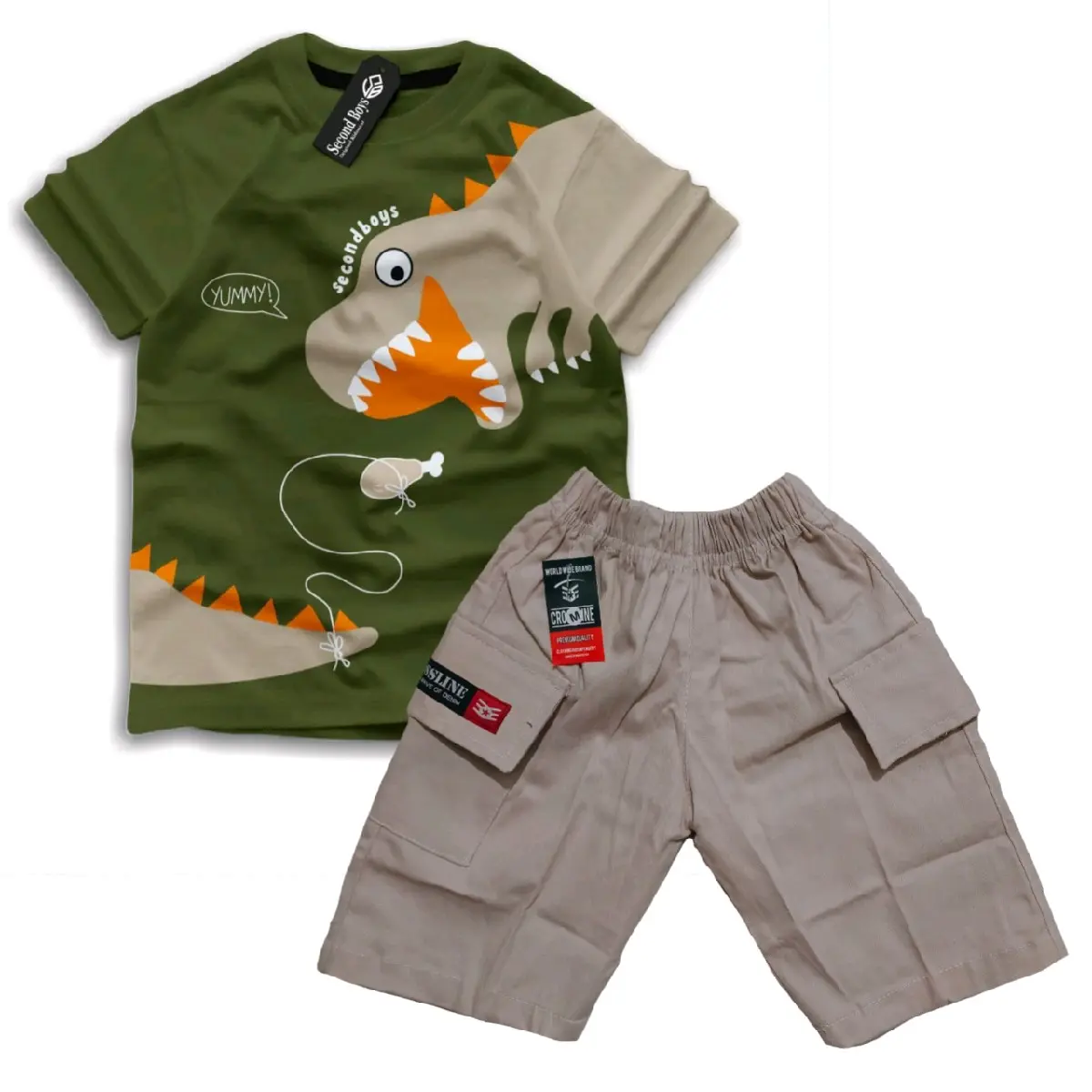 setelan anak kaos katun combad 30s motif trex celana katun twill