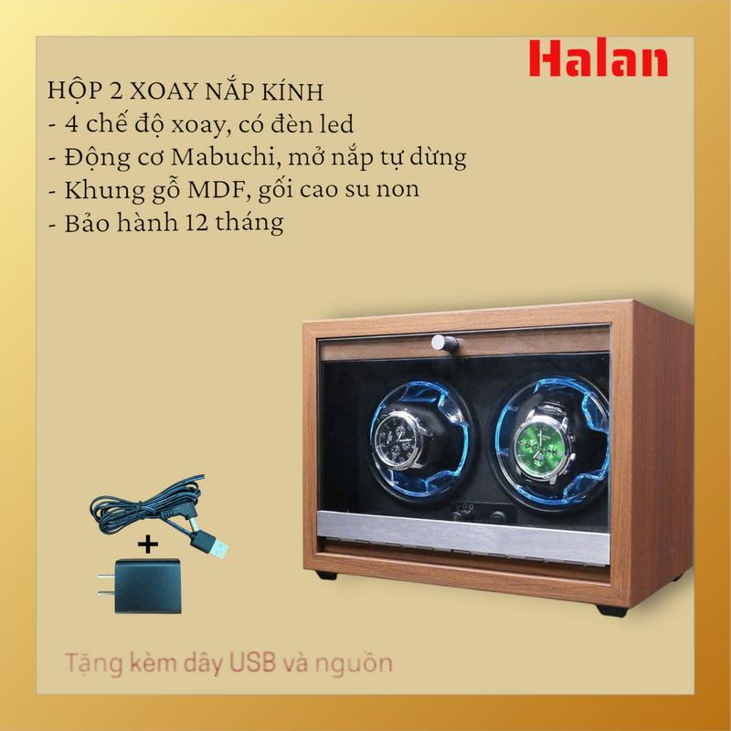 TẶNG KÈM ADAPTER Hộp xoay đồng hồ 2 xoay gỗ nắp - có đèn led - mở nắp tự dừng - 4 chế độ xoay - Decor