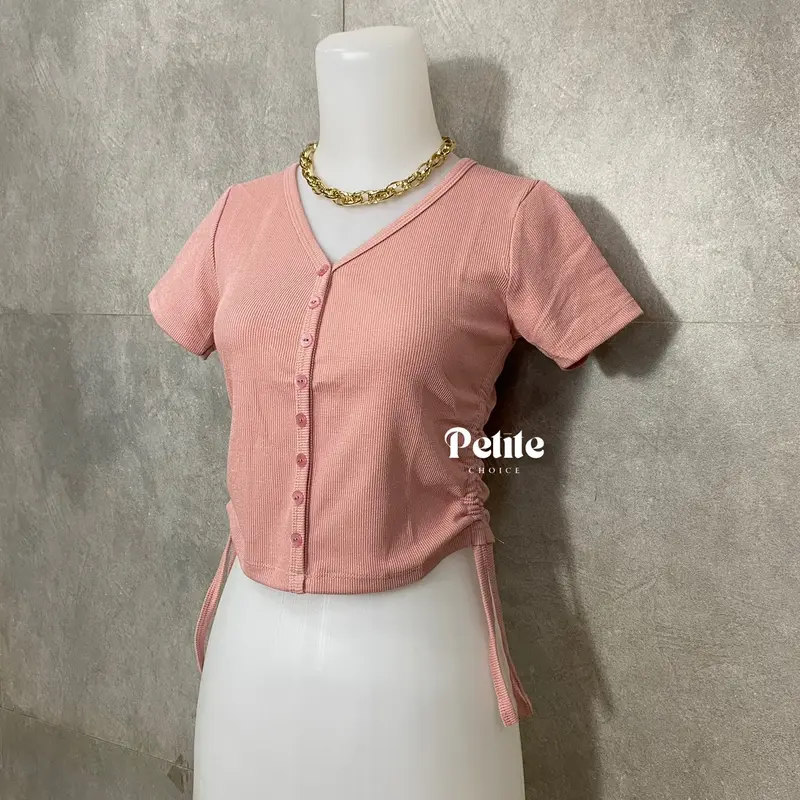 Petitechoice | HANI Top — Atasan wanita knit stretch serut casual slim fitting kancing mati tali crop korean Knitwear  Nyaman Cantik Vneck 1