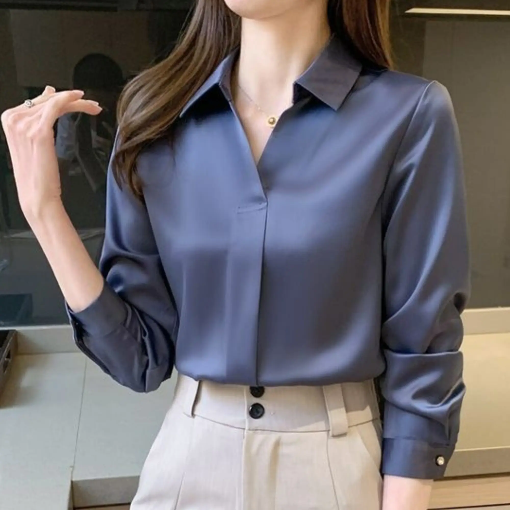 Kemeja Formal Wanita Casual Bahan Shakila Twill Lengan Panjang Ukuran M-XXL