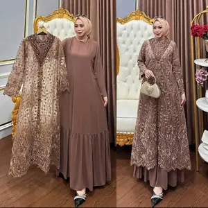 Baju Gamis Kondangan Harumma Dress + Outer Wanita Bahan Ceruty Babydoll Model Kekinian Set Baju Muslimah