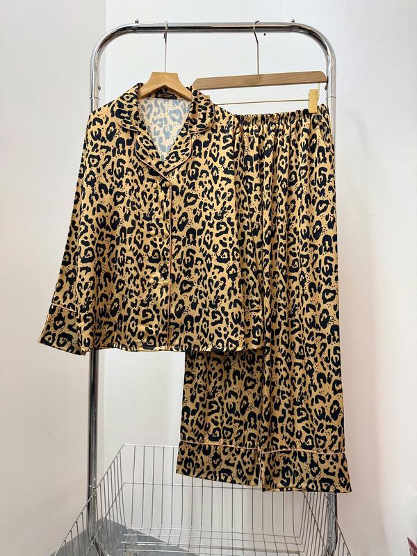 Đồ Bộ Pijama Nữ Lụa Latin Tơ Tằm Thoáng Mát Cổ Vest Tay Dài Quần Dài In Họa Tiết Beo Nâu Size 45-60kg và 61-75kg Có Bigsize Women Dài Tay