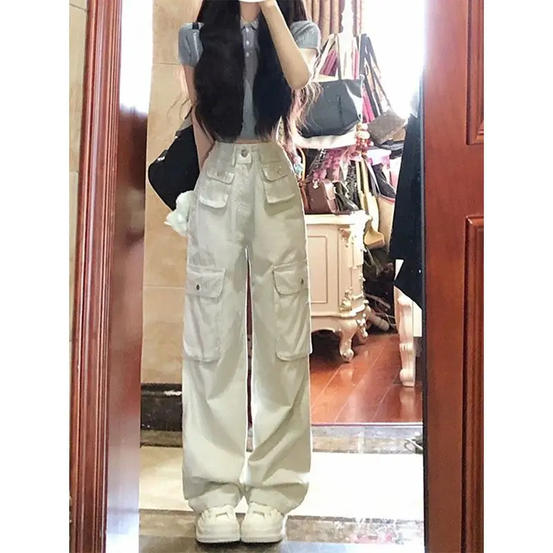 P0005 lybh_store celana Jeans Lurus Longgar Retro High Street Amerika Overall Multi-saku Hip-Hop Wanita Keren wanita high waist