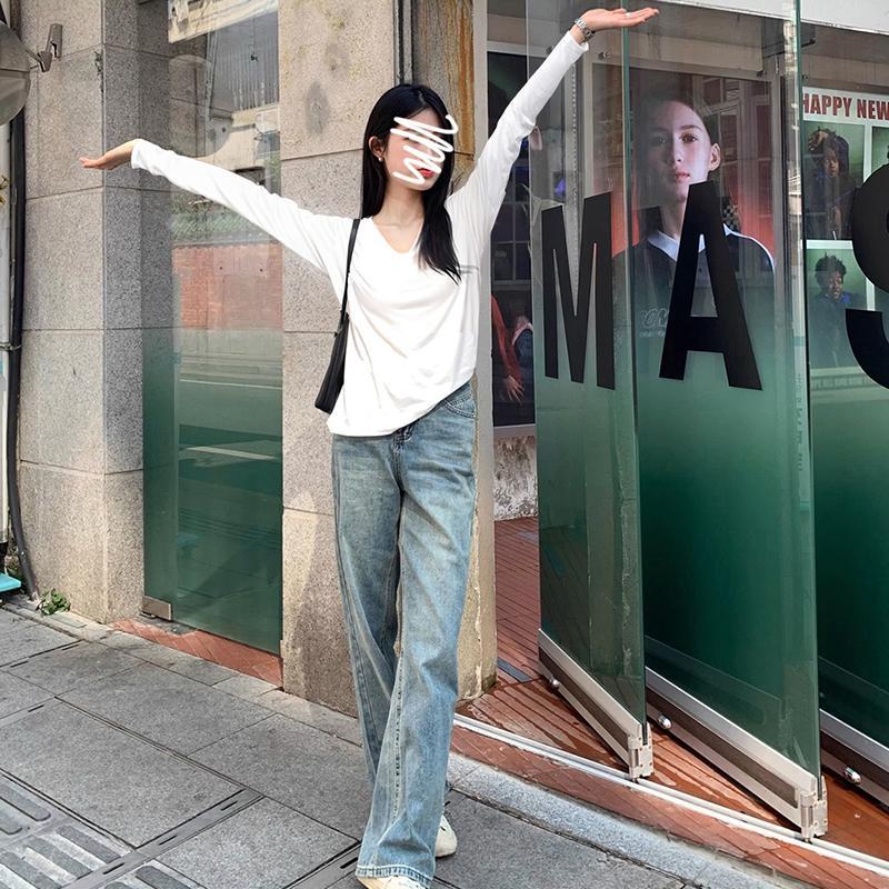 Product Introduction of Women's Oversized V-Neck Long Sleeve T-Shirt Stretchy Loose Fit Casual Top Lazy Chic Style Slimming T-Shirt 10