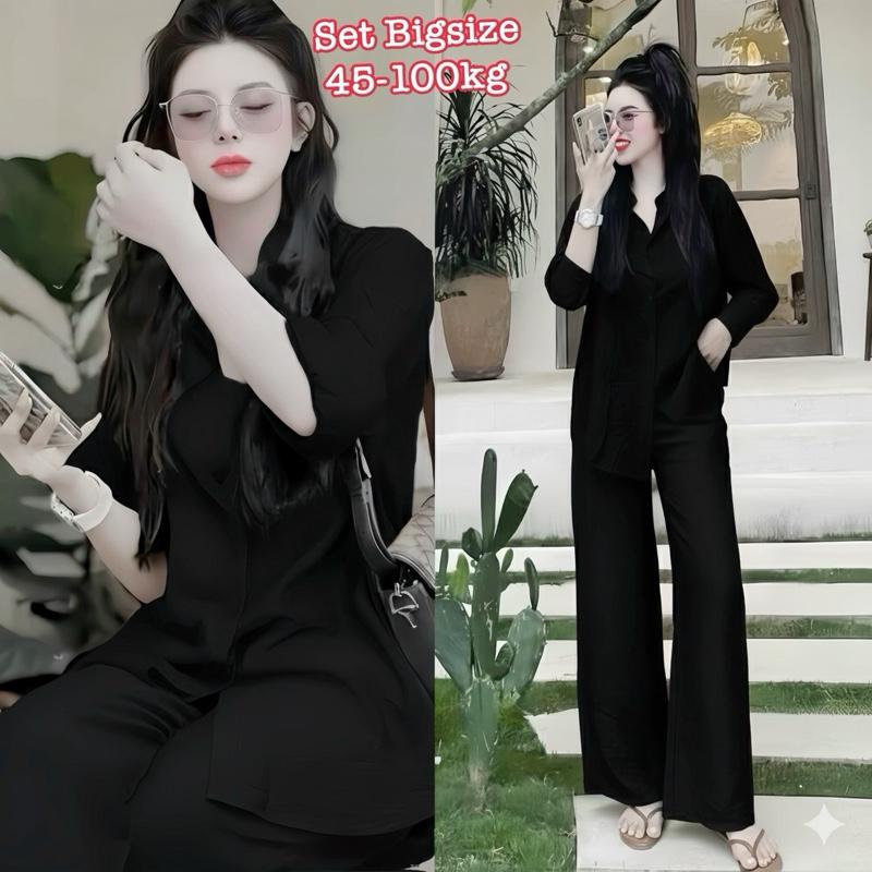  Set Bộ Nữ Áo Sơ Mi Nữ Tay Dài Phối Quần Dài Form Rộng Thoải Mái Bigsize Chất Đũi Vân Mây Mềm Mịn Mát Xinh 50-95kg - 2497 