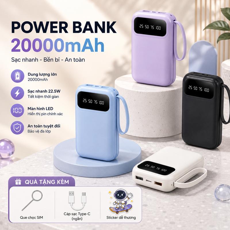 Pin sạc dự phòng 20000mAh, gọn nhẹ tiện dụng, thiết kế tinh tế hiện đại, có màn hình led hiển thị pin rõ ràng, sạc nhanh tiện lợi cho nhiều thiết bị điện thoại, máy tính Iphone, Samsung, Xiaomi, Oppo