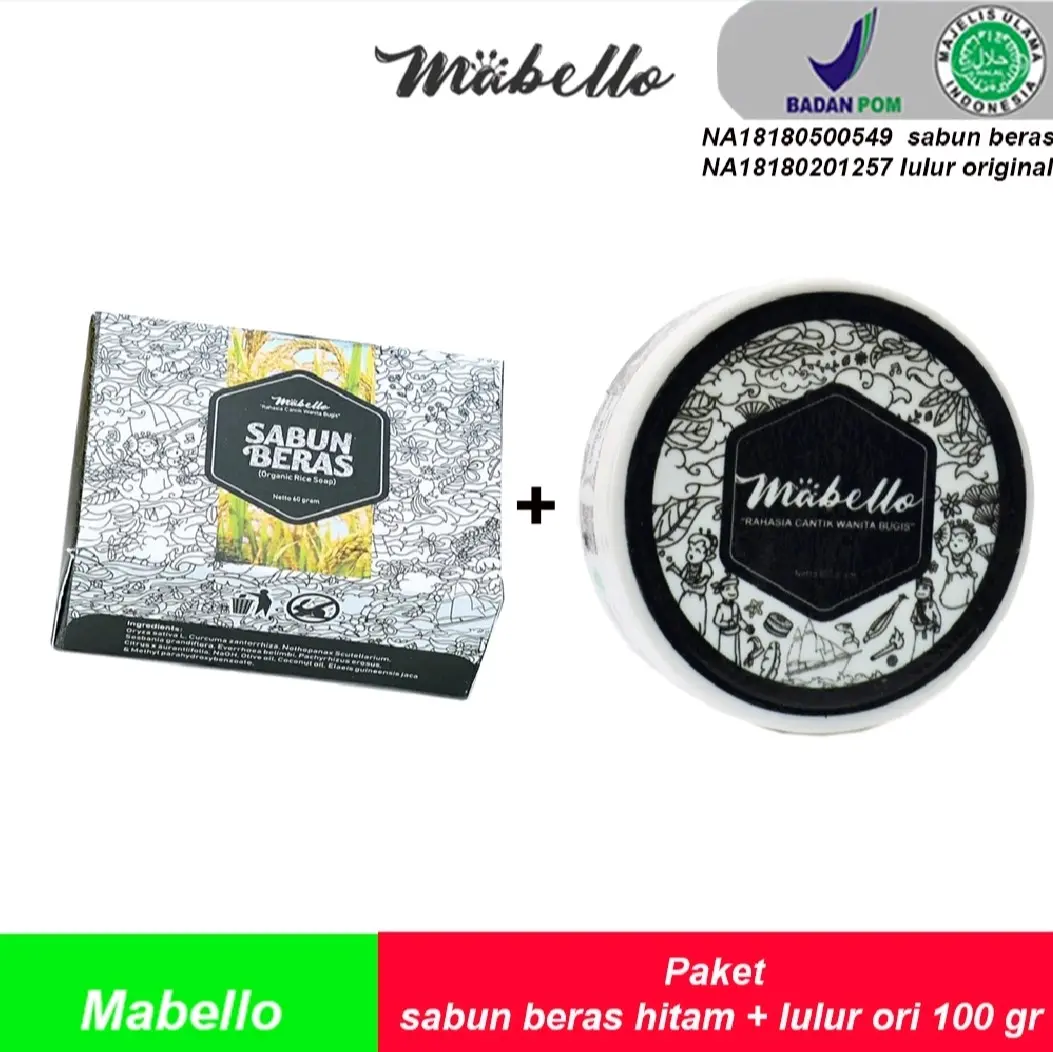 Paket Hemat Lulur ori 100gr + Sabun Beras Hitam / Lulur Bedda Lotong Mabello /Sabun Beras hitam Mabello