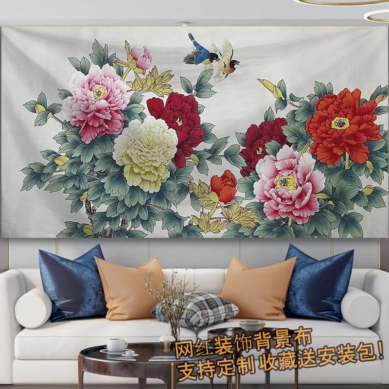 Lukisan peoni bunga nasional bergaya Tionghoa untuk dekorasi ruang tamu, kantor, dan penyewaan rumah, kain latar dinding, karpet gantung untuk live streaming populer