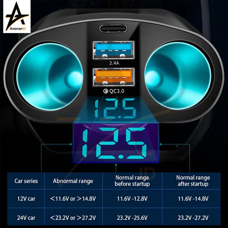 USB Car Charger Cigarette Lighter Super Quick Charge 22.5 W 3