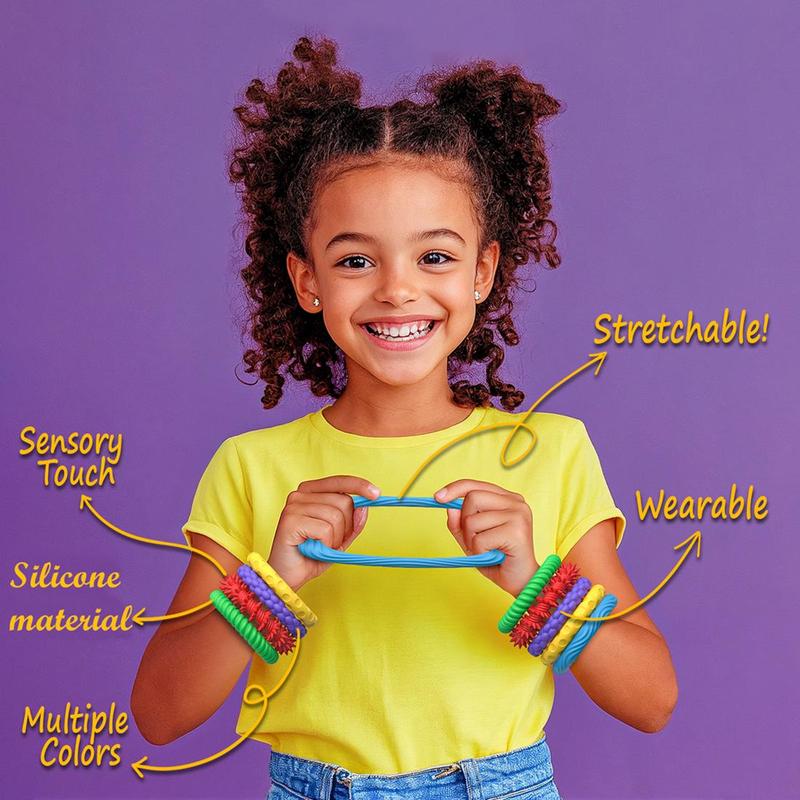 Product Introduction of Silicone Texture Decompression Toy, 5 Counts/set Colorful Fidget Toys, Sensory Texture Bracelet, Stress Relief Toy for Kids & Adults 3