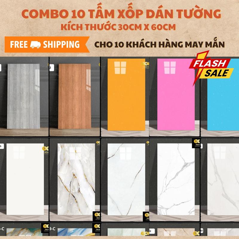 Combo 10 Miếng Dán Tường Giả Gạch Bóng PVC Vân Đá Có Sẵn Keo Bền Bỉ Chống Nước Chống Bong Tróc Phủ Lớp Chống Cháy KT 60x30cm