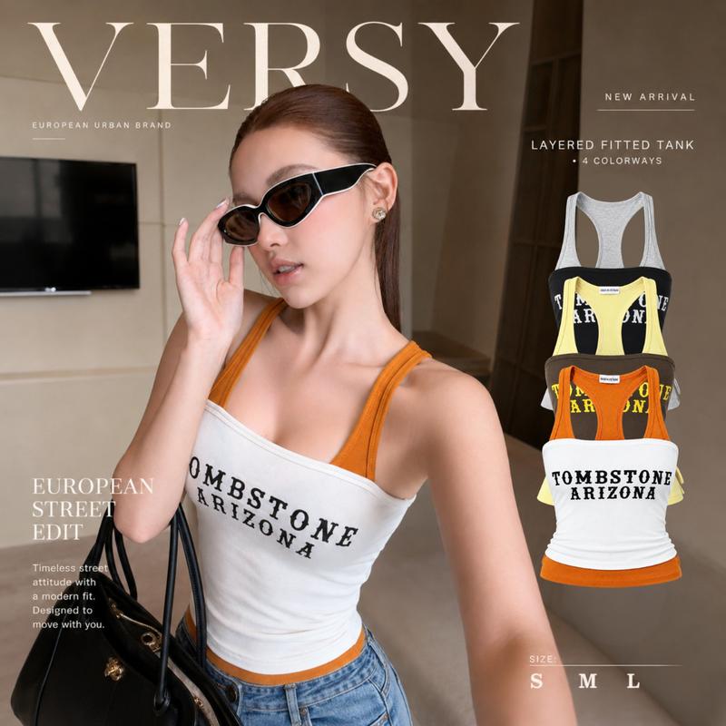 [DEAL MỞ BÁN] Áo Ba Lỗ Nữ Cổ Yếm Phối Màu In Chữ TOMBSTONE ARIZONA – Áo Croptop Quây Giả 2 Mảnh Tôn Dáng Y2K Streetwear