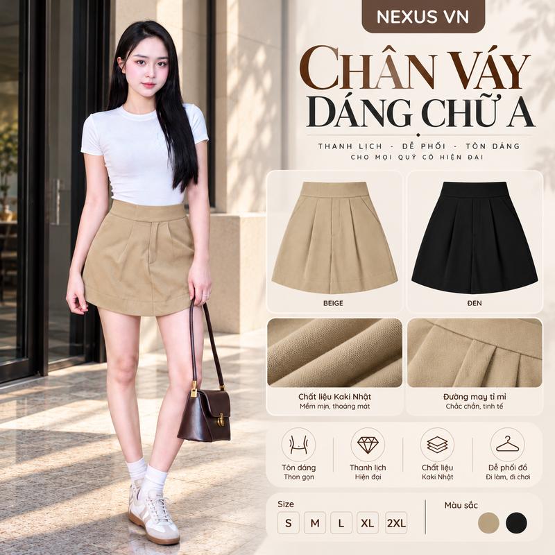 Chân Váy Nữ Đẹp Dáng Ngắn Chữ A NEXUS VN Chất Kaki Nhật Xếp Ly Lưng Cao Xòe Nhẹ, Váy Ngắn Hàn Quốc Thanh Lịch Tôn Dáng Dễ Phối Áo Thun Áo Sơ Mi Đi Làm Đi Chơi Đi Cafe