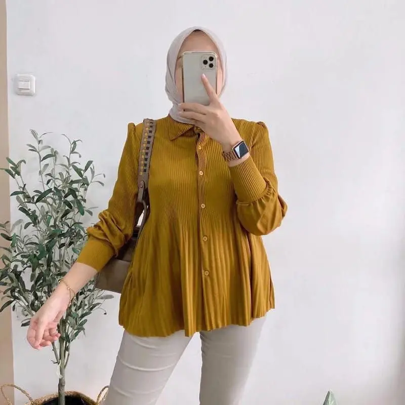 Malrene Atasan Wanita Terbaru Blouse Kemeja Plisket Kekinian Baju Kancing Tebal