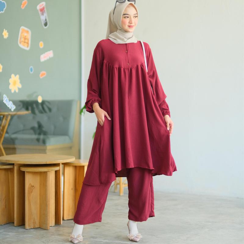 WAGA Setelan Crinkle Jumbo LD 130 150 Baju Tunik Set Kekinian Untuk OOTD Rempel XXXL Airflow Kancing Kantong Karet 3