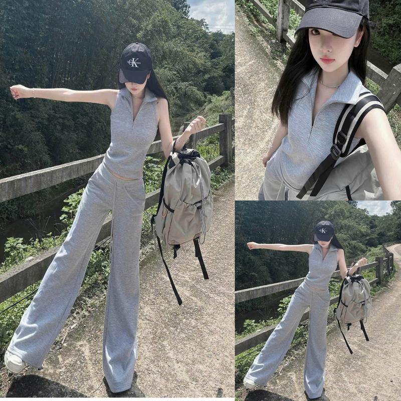 ( Quần 100 - 102 Cm ) Set Bộ Umi Sát Nách Cổ Sơ Mi Quần Suông Ống Rộng Top Nữ By TTN454