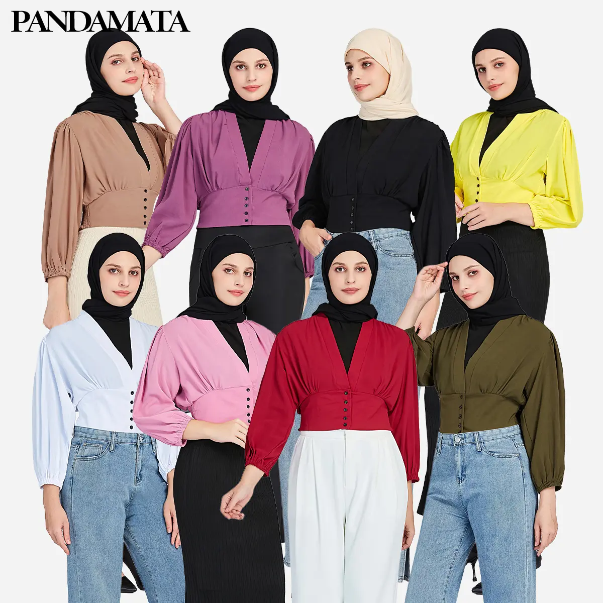 PANDAMATA Muslimah Women Clothing Puff Sleeve V-neck Crop Tops Wanita Bianca Semi Outer Crincle Casual Fashion Cotton Blouses Ladies Shirts (1396)