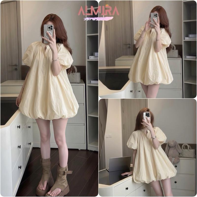 Váy Bí Phồng Tay Phồng Sang Chảnh Cổ Trụ Cúc Cổ Almira