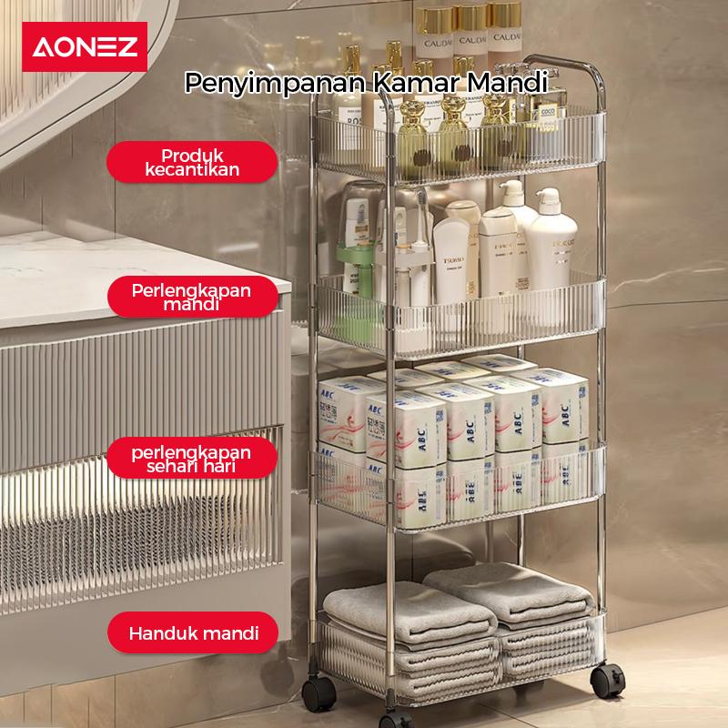 Product Introduction of 【AONEZ x Indy&Ischa】AONEZ COD 24 Shipping Rak Troli Susun Stainless steel RakKosmetik Serbaguna Rak kamar mandi Rak Salon Trolley Dengan Keranjang jaring akrilik transpara rak meja aesthetic 8