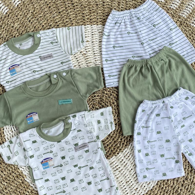 ANNORA 3 Setelan Bayi 0-18 Bulan S M L XL Baju Tidur Piyama Bayi Pendek Seri Warna Sage Bear 4