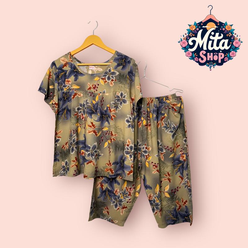 Đồ Bộ Nữ Trung Niên Quần Lửng Tay Ngắn - Tole Nhung Họa Tiết Hoa Lá - Big Size 49-90kg, Mềm Mịn Thoáng Mát, Thanh Lịch | Quần Áo Nữ Women Top