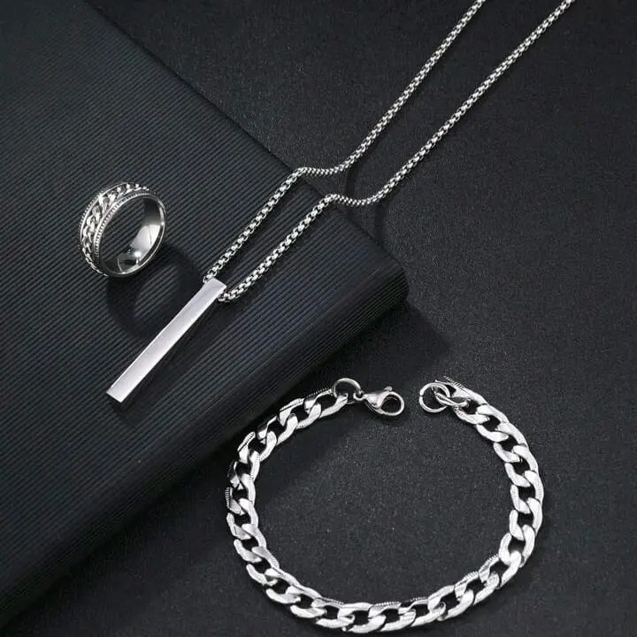 (fullset)KALUNG GELANG DAN CINCIN TITANIUM PRIA WANITA TERMURAH WARNA SILVER SIMPEL DAN MEWAH Perhiasan Elegan 3