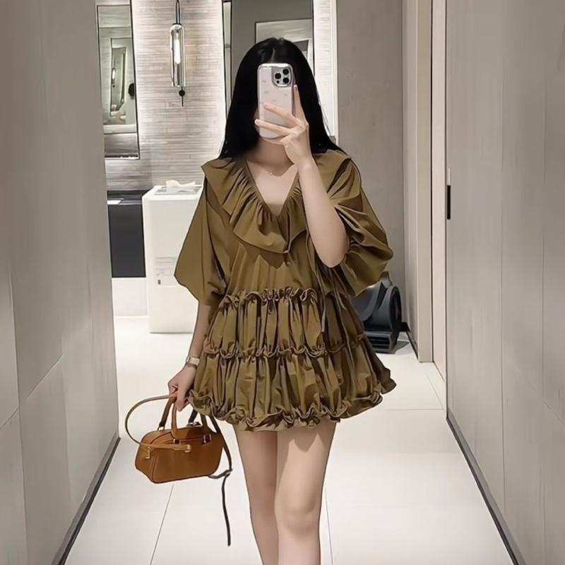 DAILY01 Áo váy babydoll cổ V viền bèo tay lỡ nữ tính tiểu thư phù hợp mặc đi chơi đi dạo phố . Thời Trang Nữ.