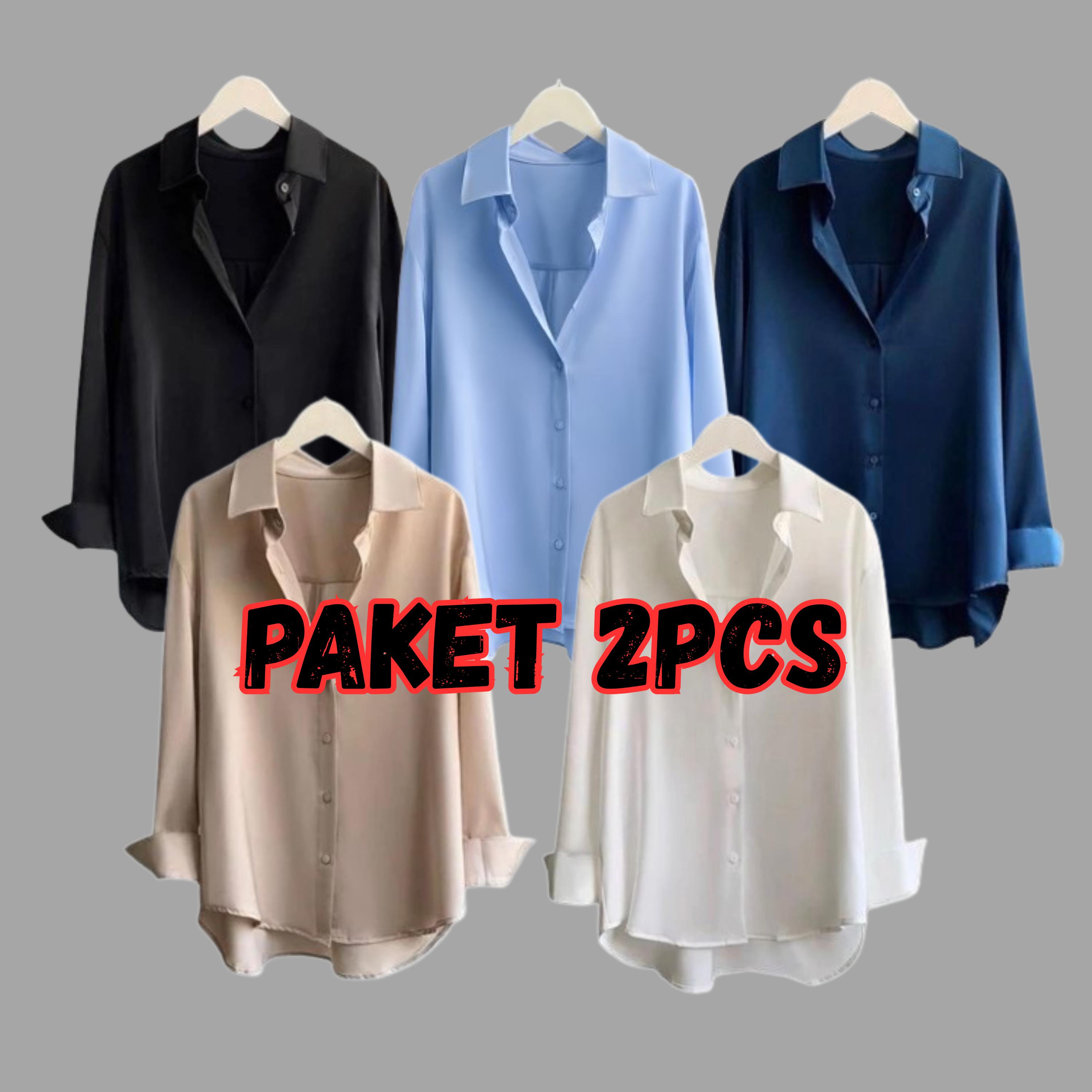 Paket 2 Pcs Kemeja Wanita Polos Lengan Panjang Casual Slim-Fit Atasan Blouse Wanita Baju  Kerja Kantor Cewek Dewasa  Oversize