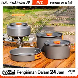 AZ Alat Masak Camping Mini Mendaki 6 Orang - Set Nesting Portable Outdoor Lengkap dengan Teko