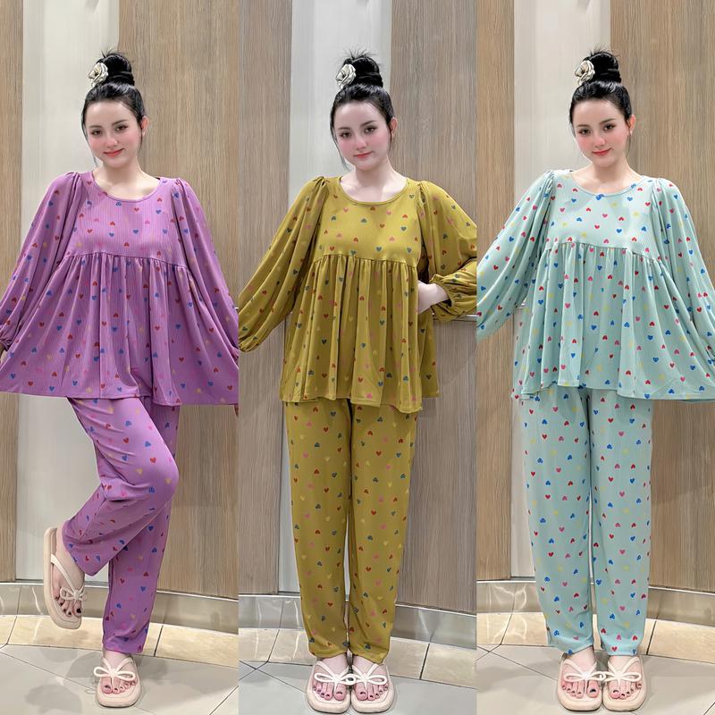 bộ đồ thun gân nữ dáng babydoll mặc nhà quần dài tay dài, dễ thương phù hợp mọi độ tuổi size 48-72kg