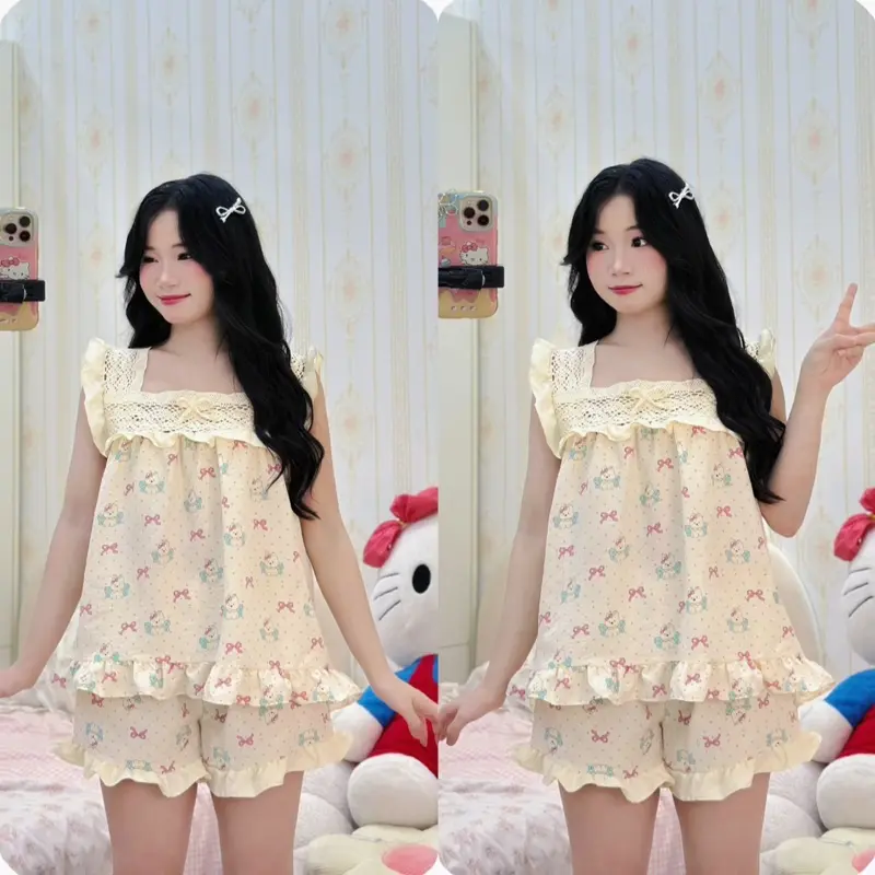 bộ pijama bộ ngủ nữ tiểu thư cổ vuông sát nách vải đũi mùa hè mặc đi ngủ mát mẻ thoải mái Women Quần Ngủ Áo Ngủ Cotton 3