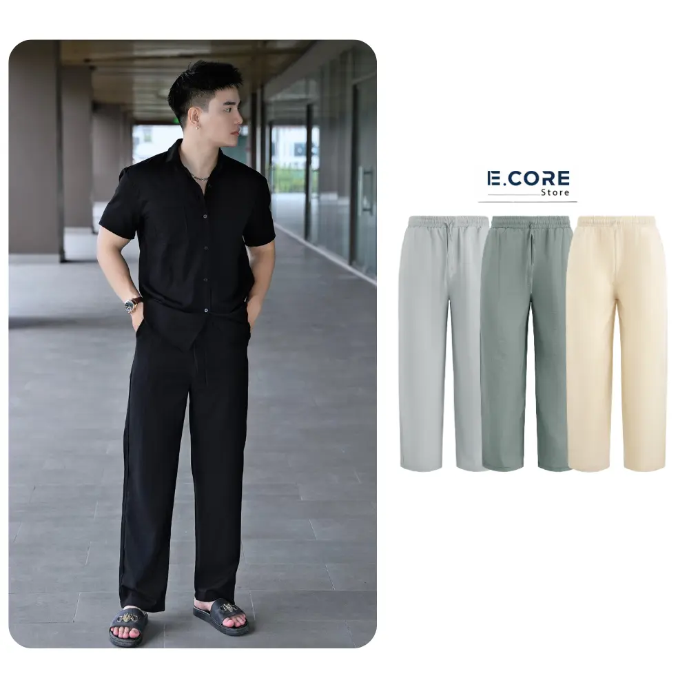 (Có BigSize) Quần đũi dài nam E Core Store chất liệu đũi xước tổng hợp co giãn nhẹ cạp chun dây rút Pants Menswear Có Túi Đen