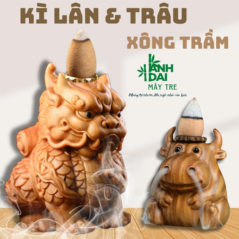 Kì Lân & Trâu Xông Trầm Hương Phong Thủy Bằng Gỗ - Lư Đốt Nụ Trầm - Lư Xông Trầm Hình Con Vật - Trang Trí Phong Thủy Decor Phòng Khách