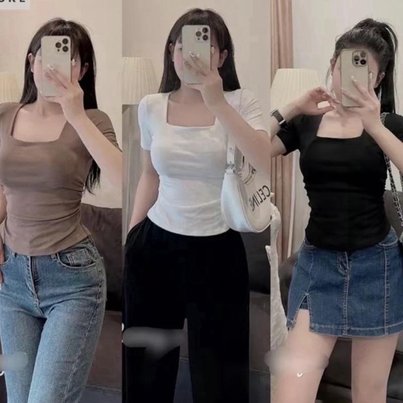 Áo thun nữ phom dài nhúng cổ vuông viền tay ngắn chất tăm co giãn size dưới 53kg mã a6