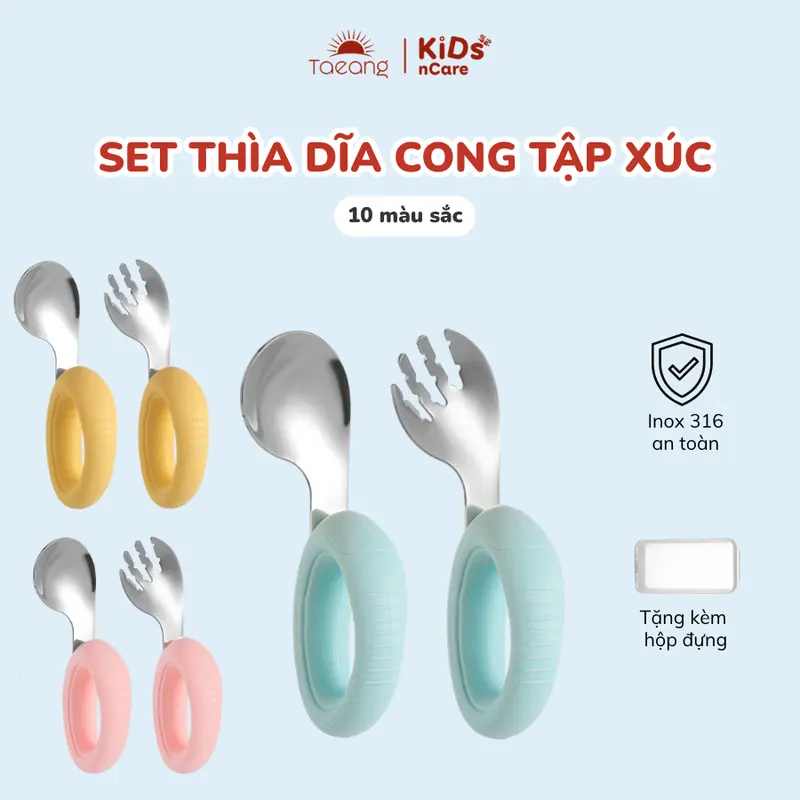 Set Thìa Tập Xúc Cong An Toàn Cho Bé, Đầu Thìa Dĩa Cong, Tay Cầm Silicone Cao Cấp, Dùng Được Trong Máy Rửa Bát 0