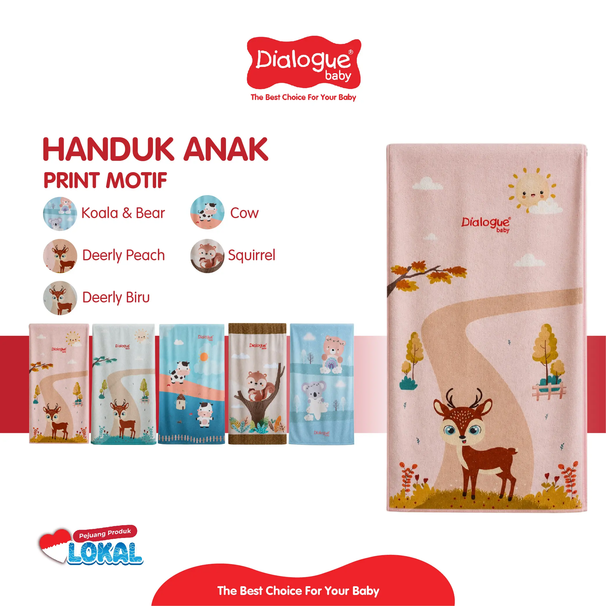 Dialogue Baby Handuk Bayi Microfiber 60x120 cm Lembut Cepat Kering Motif Lucu Deerly Series Cow Koala Squirrel