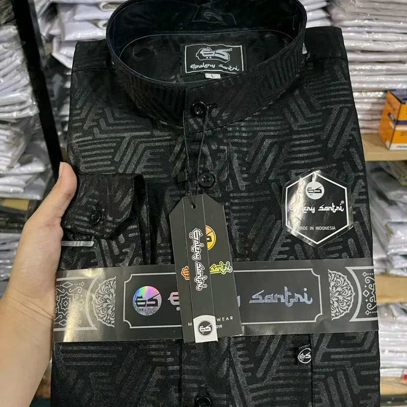 Galery Santri Baju Kemko Melayu Kemeja Koko Muslim Pria Bahan Spun Embos Premium Motif Polos Lengan Panjang Model Terbaru 7