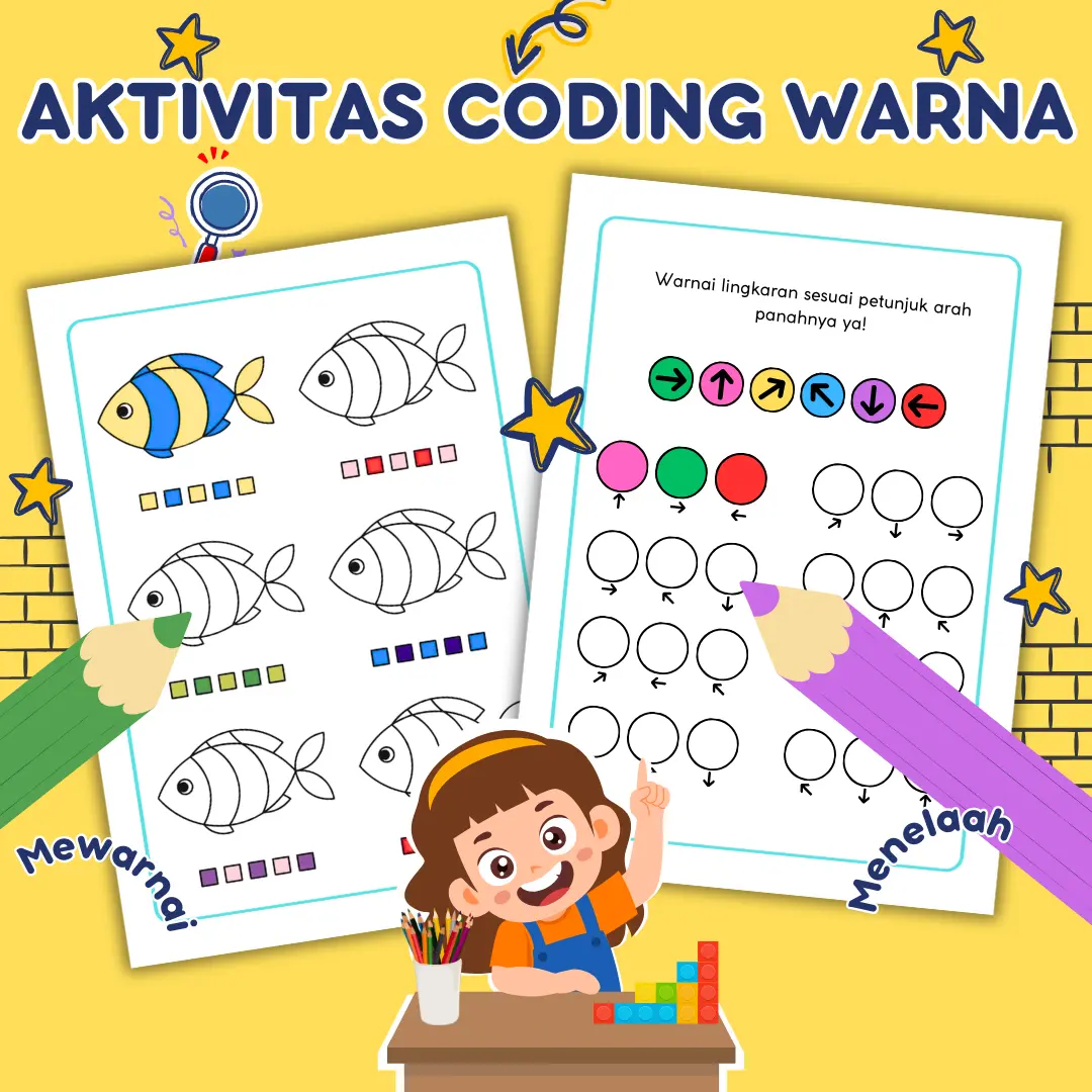 51 Lembar Coding Warna Mewarnai dan Menelaah / Lembar Aktivitas Anak Color Coding / Worksheet Coding HVS Tebal 80 gsm ukuran A5 Buku Belajar Anak TK SD / Coding Activities Books for Kids