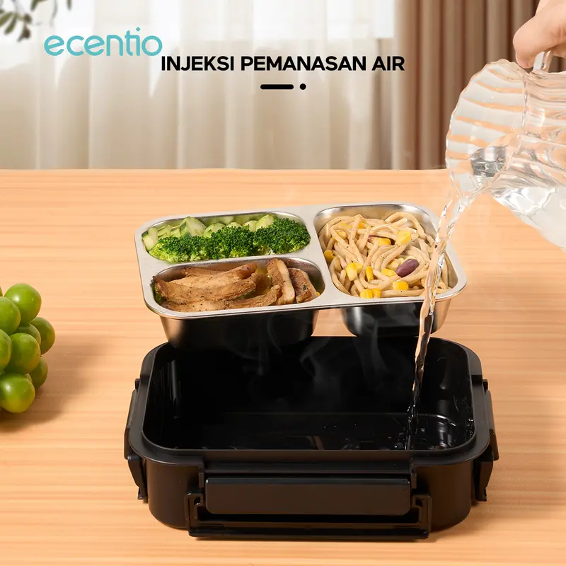 【kotak bekal stainless set】【2.0 anti tumpah】ecentio lunch box stainless 800ml sekat 3 dengan sendok sumpit free kotak sauce kecil Baja Garpu 6