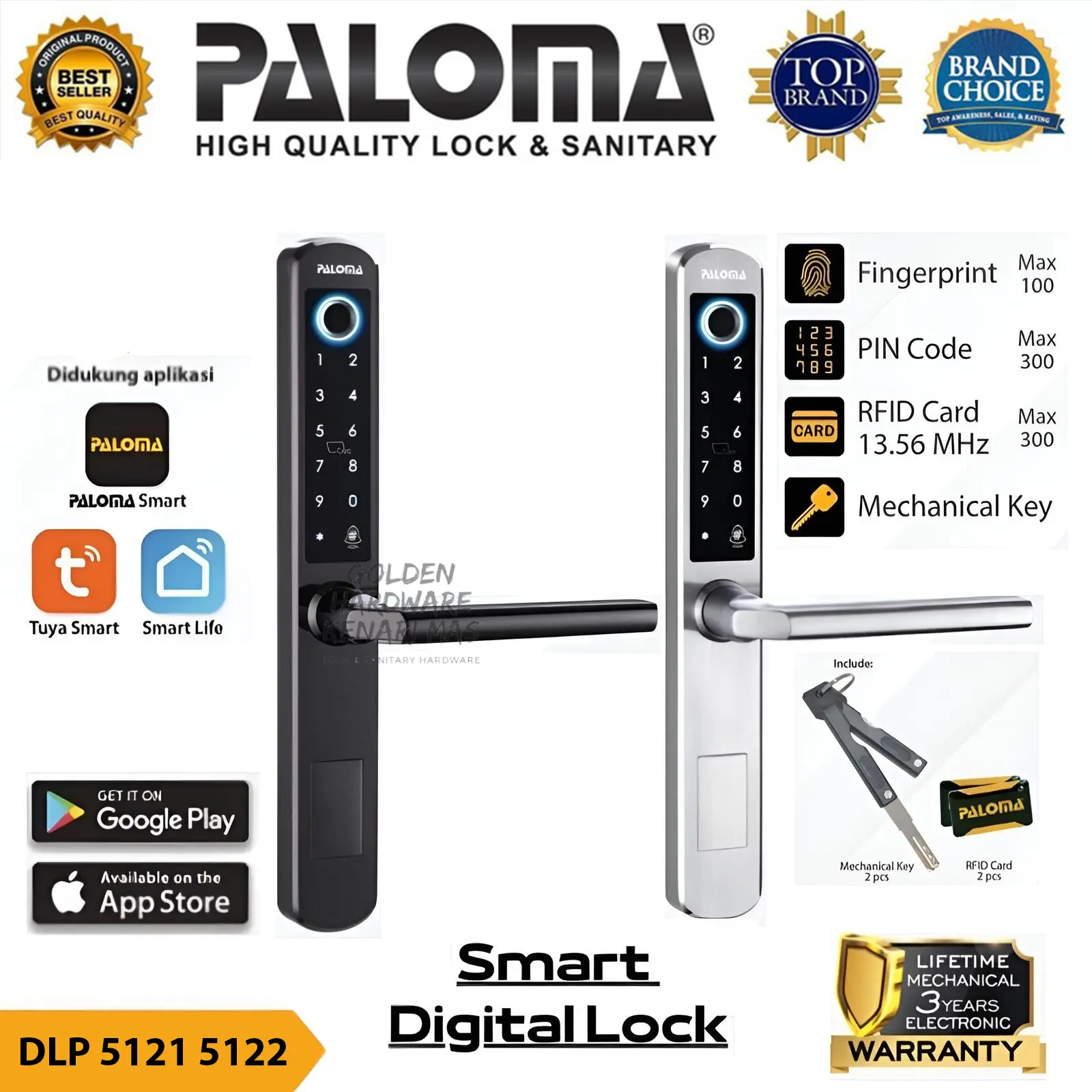 PALOMA DLP 5121 5122 Digital Smart Slim Door Lock Home Frame Aluminium Wifi Hitam Matte Black Satin Nickel