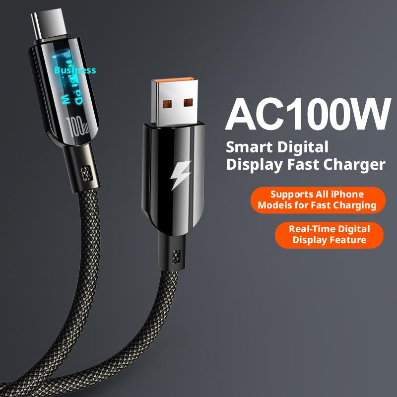 Cáp xoắn 100W USB‑C PD sạc nhanh với màn hình hiển thị điện tử LED, hiển thị công suất sạc theo thời gian thực; cáp dữ liệu dùng cho iphone, huawei, samsung và thiết bị Android