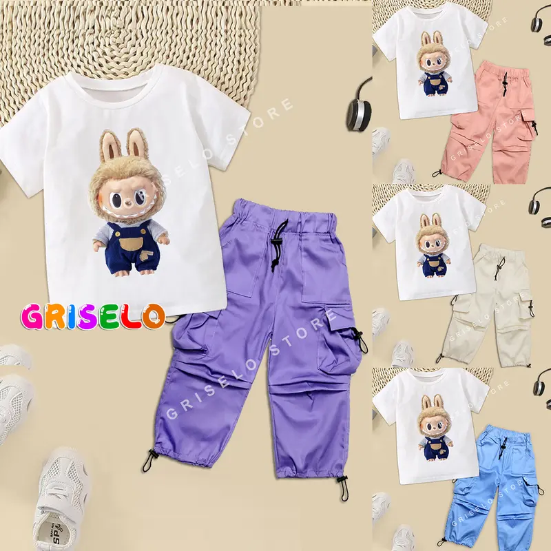 One Set Setelan Anak Perempuan Yoona Cargo Pants dan Kaos Karakter Lucu Usia 1-13 Tahun Unisex 0