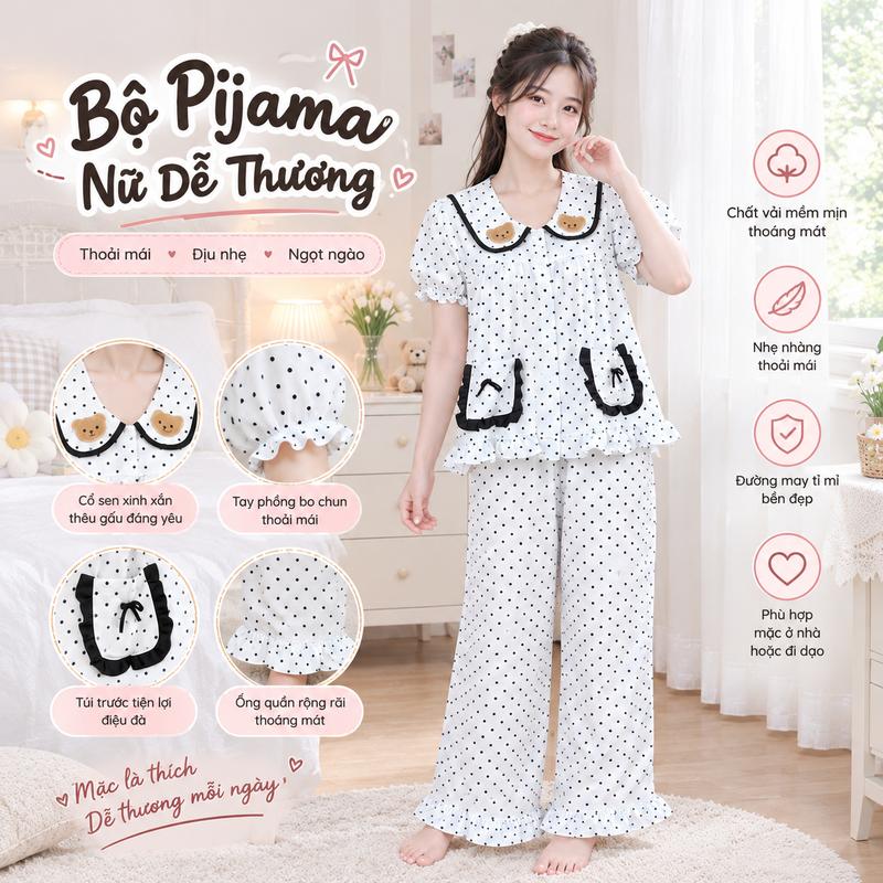 Bộ Pijama Nữ Dễ Thương Chất Vải Mềm Mịn Thoáng Mát Có Sen Xinh Xắn Tay Ngắn Bo Chun Hot Trend 2026
